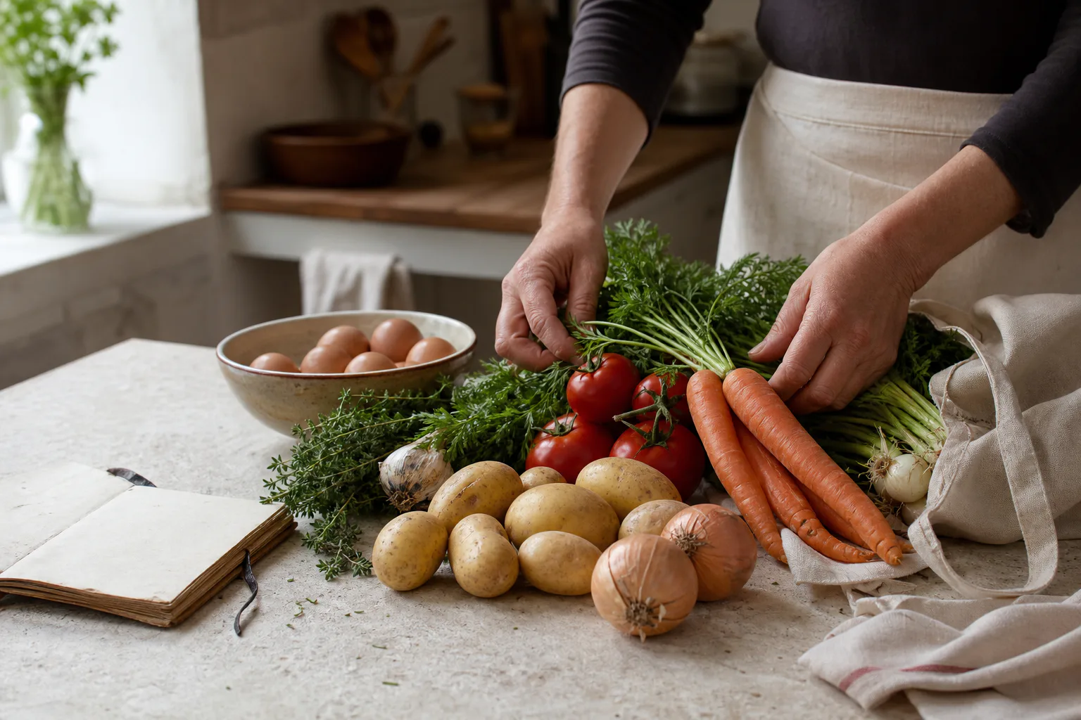 Market vegetables being prepared in a family kitchen