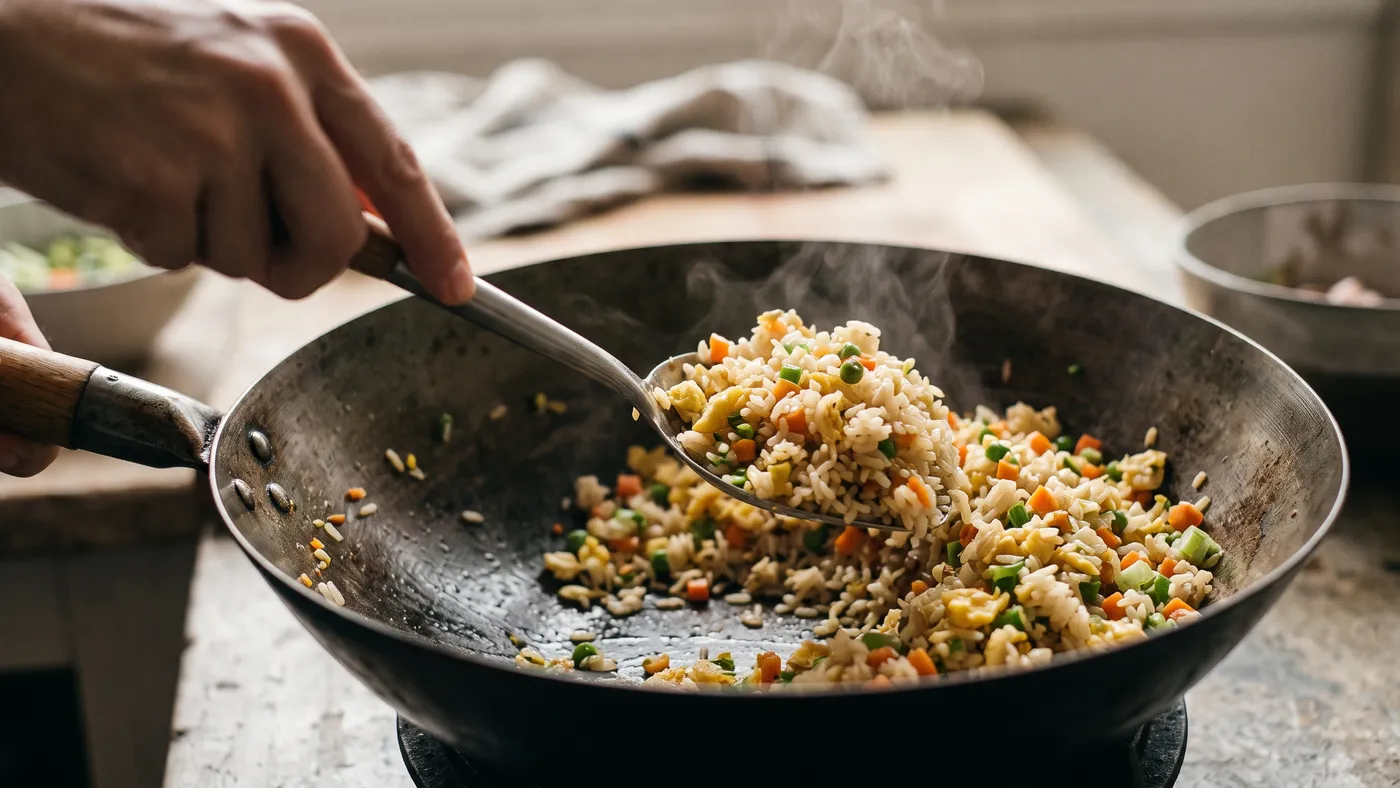 Riz sauté aux œufs et légumes dans un wok, grains bien séparés
