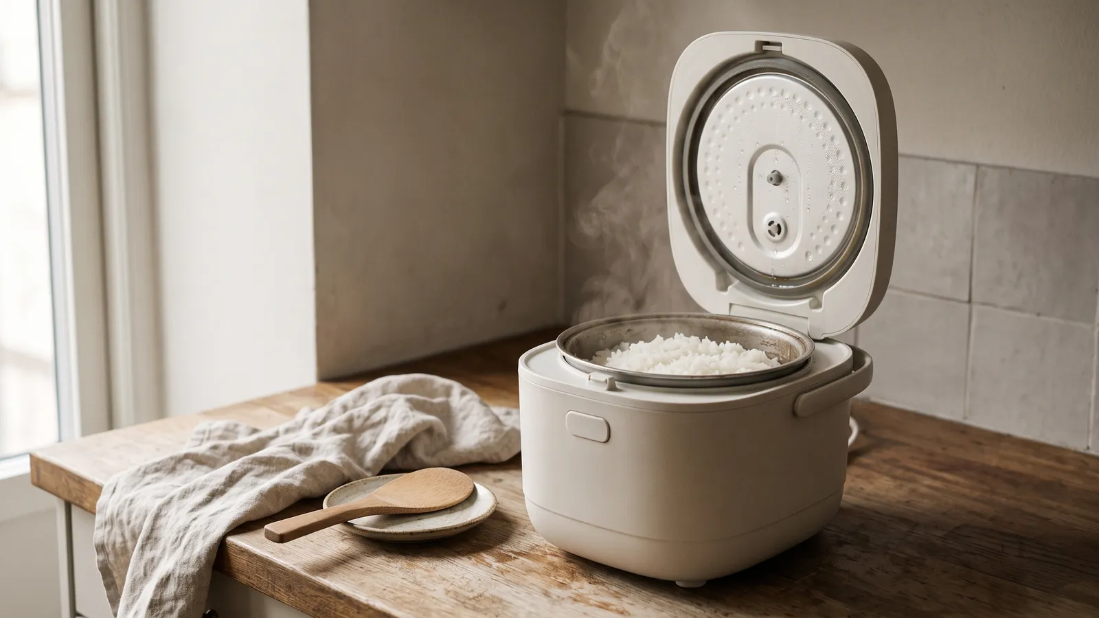 Cuiseur à riz électrique ouvert, riz cuit et fumant à l’intérieur, posé sur un plan de travail