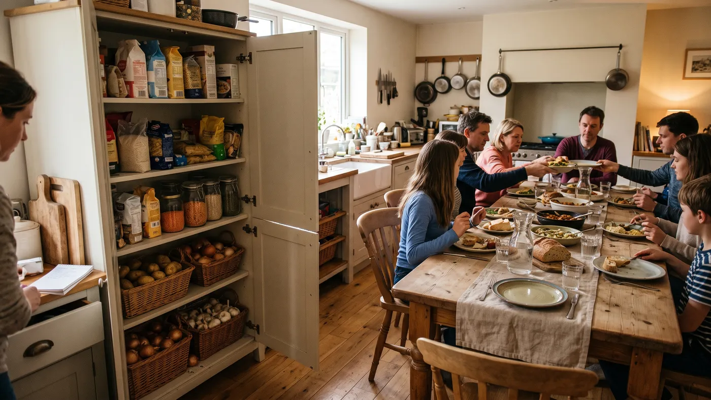 Cuisine familiale avec garde-manger ouvert, bocaux et légumes en réserve, famille attablée au fond
