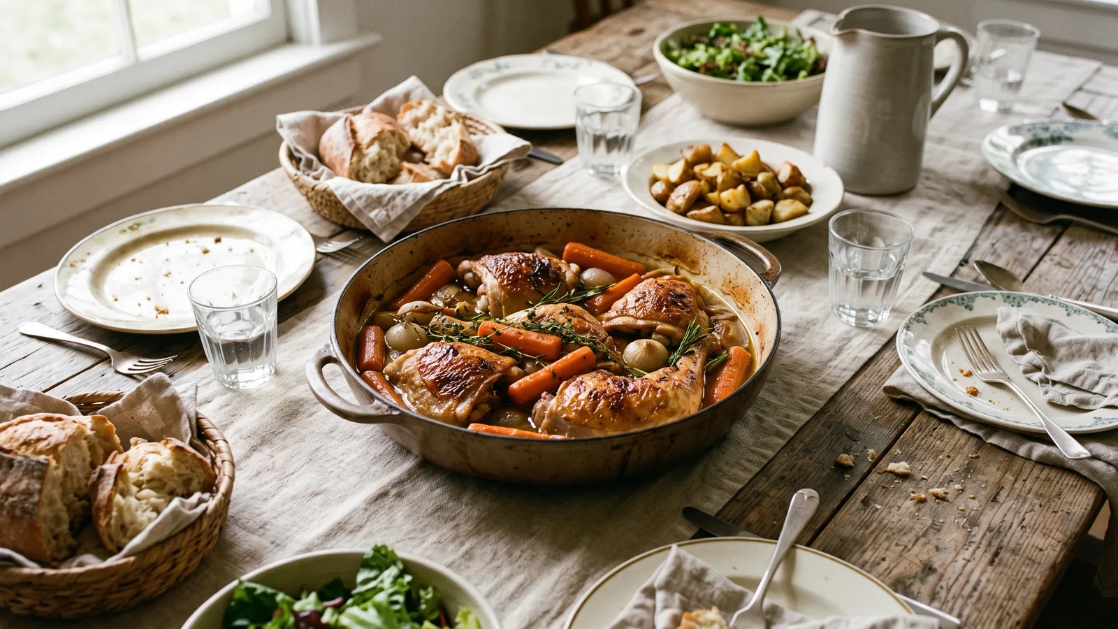 Poulet mijoté aux carottes dans une sauteuse, posé sur une table familiale dressée