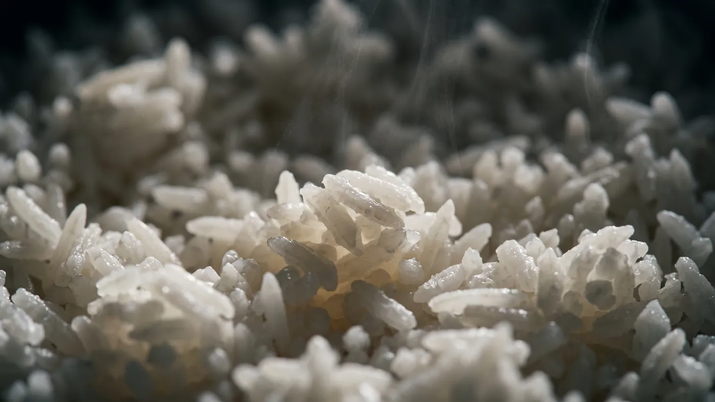 Gros plan sur des grains de riz cuits et bien détachés dans une casserole, lumière naturelle