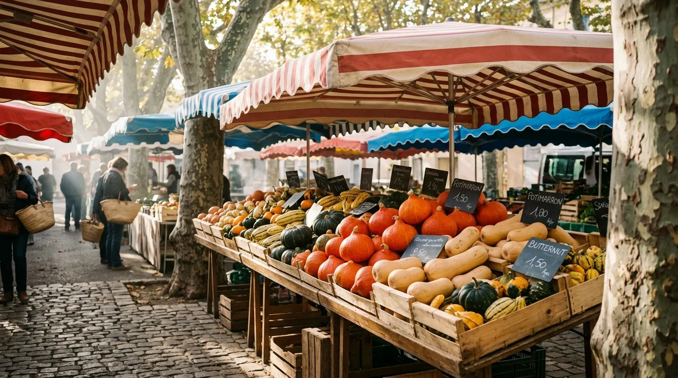 Étal de courges d’automne variées, potimarrons et courges musquées, au marché