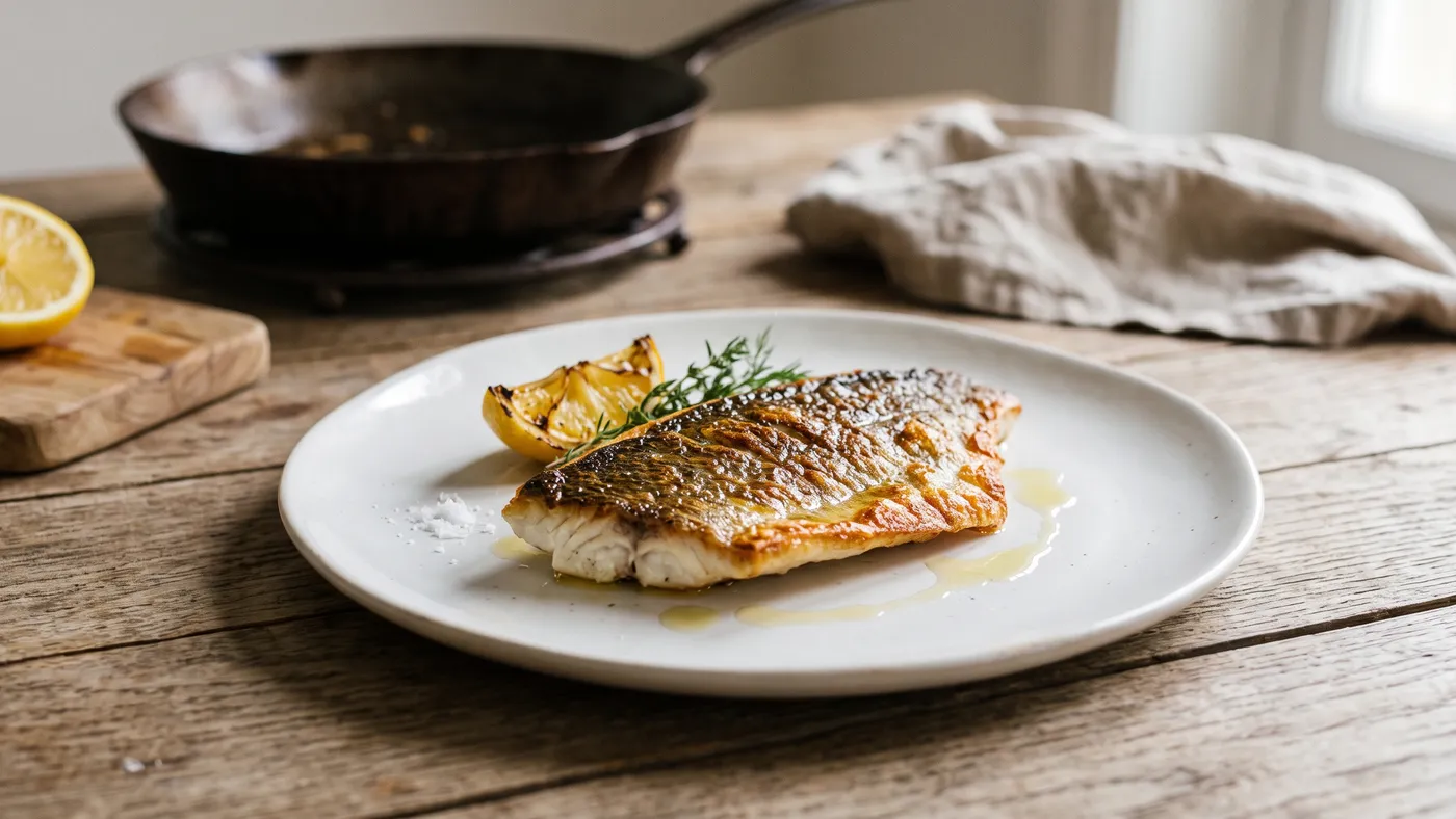 Filet de bar doré à la poêle, peau craquante, servi dans une assiette blanche
