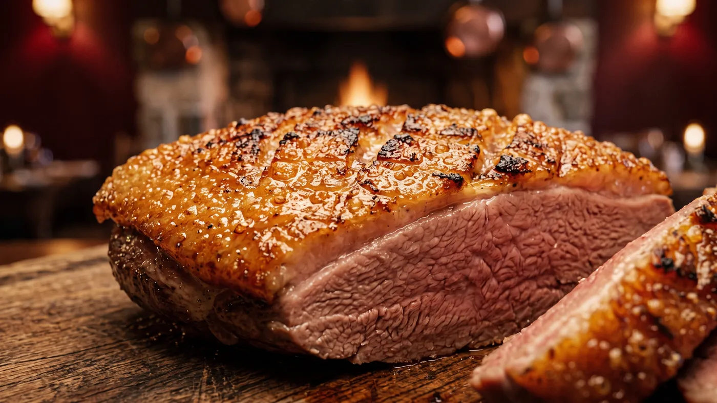 Magret de canard doré à la poêle, peau croustillante, posé sur une planche en bois