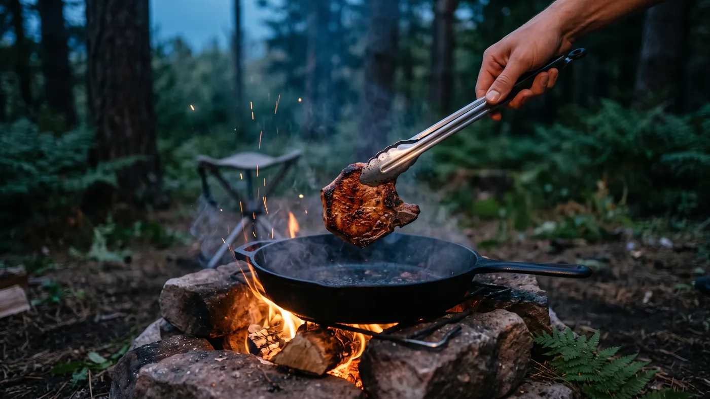 Pince de cuisine soulevant sans effort un morceau de viande saisi, hors d’une poêle en fonte