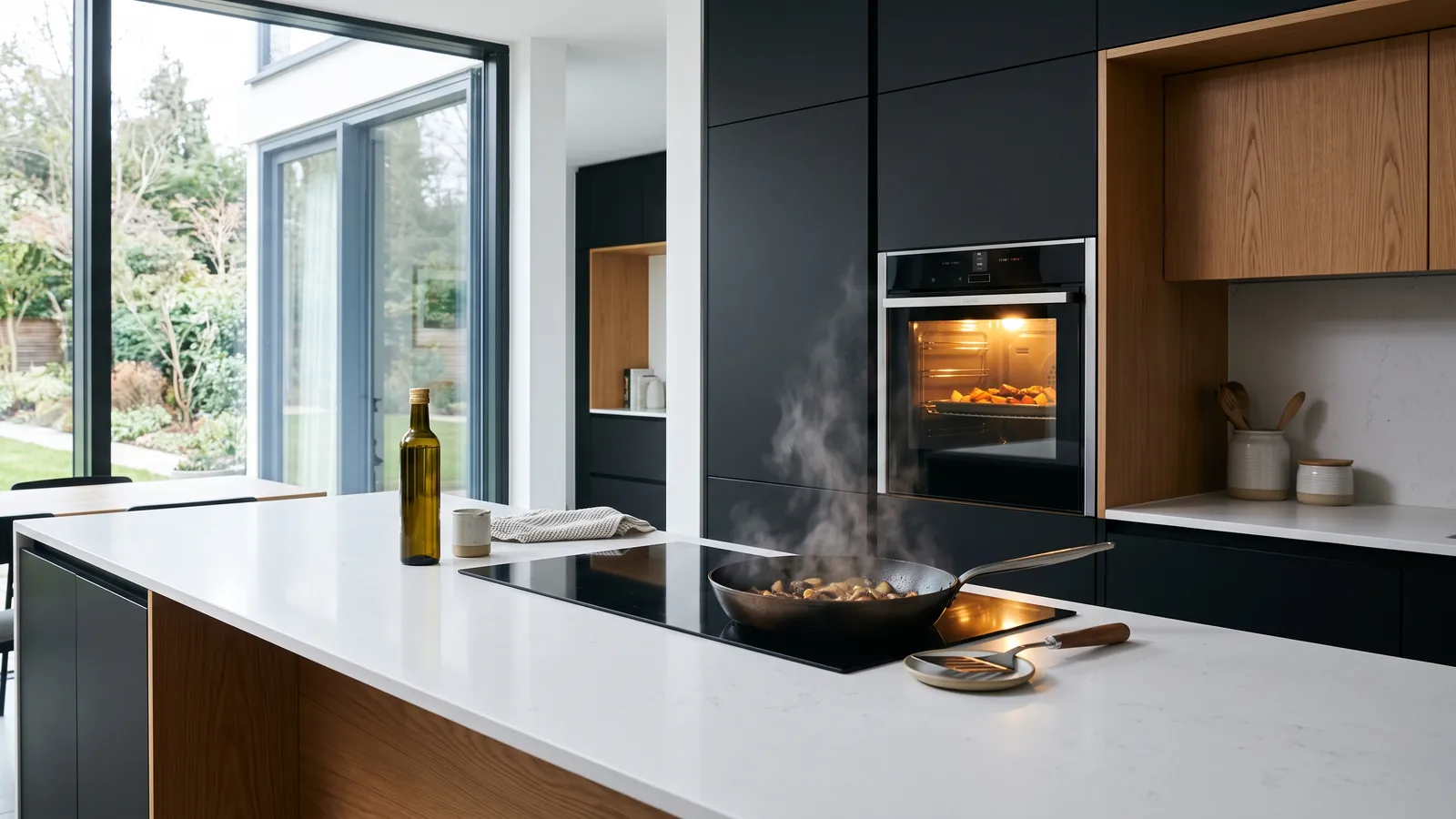 Poêle et plaque de four utilisées en même temps, deux plats en cuisson simultanée