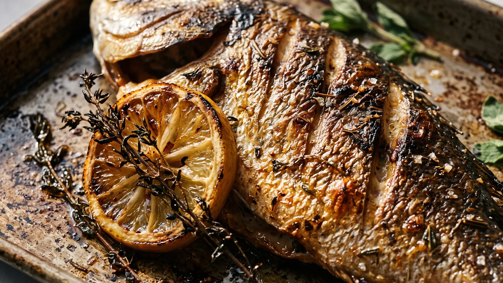 Poisson entier rôti sur une plaque, rondelles de citron grillées et brins de thym