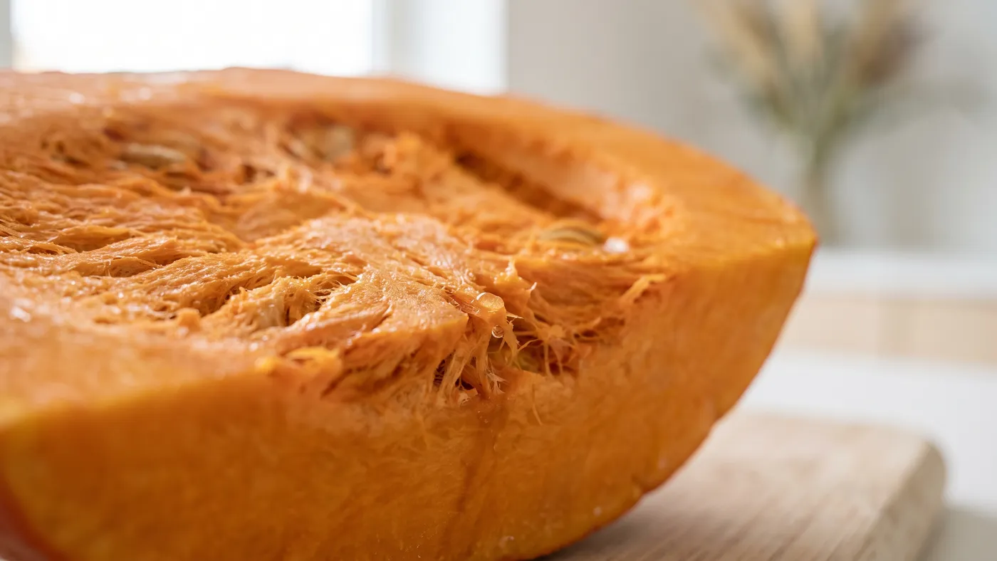 Potimarron coupé en deux, chair orange dense et compacte, sur un plan de travail