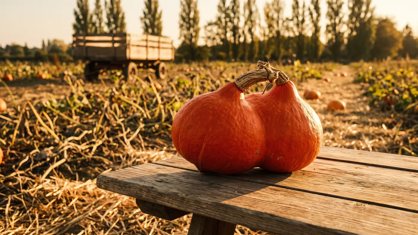 Potimarron entier avec son pédoncule sec et bien accroché, posé sur une table en bois