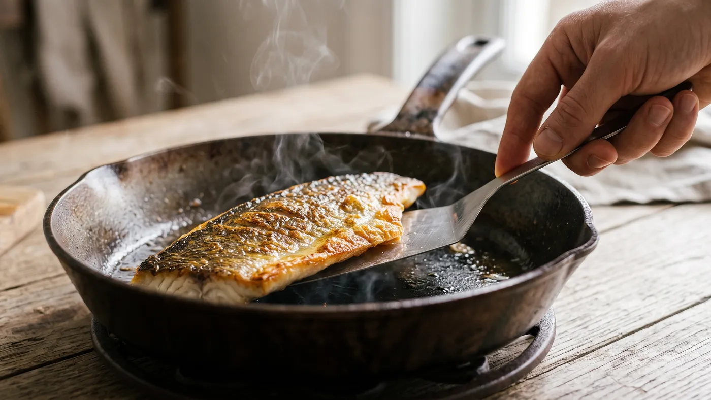 Spatule glissée sous un filet de poisson pour vérifier qu’il se détache tout seul de la poêle