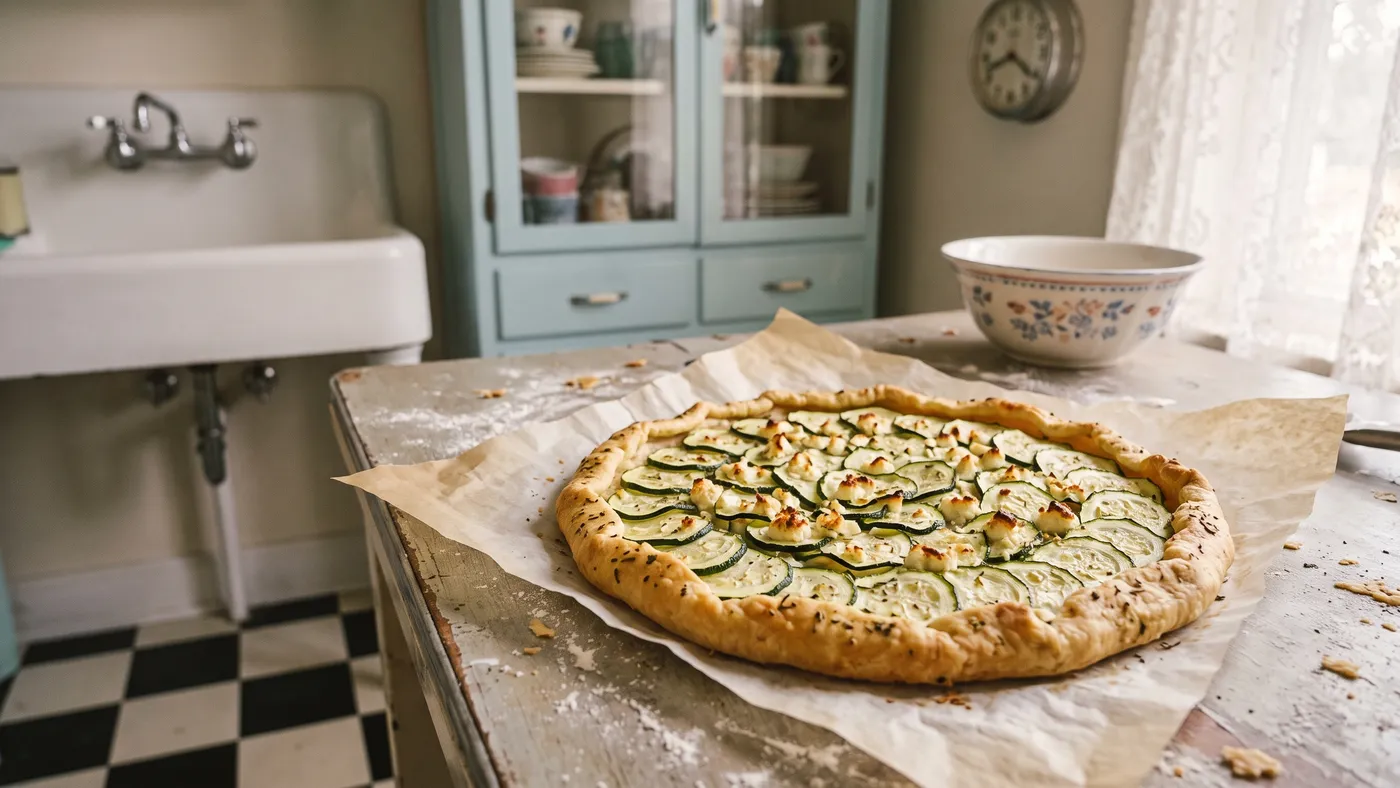 Tarte fine aux courgettes et au fromage de chèvre sur une pâte dorée
