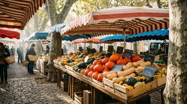 Étal de courges d’automne variées, potimarrons et courges musquées, au marché
