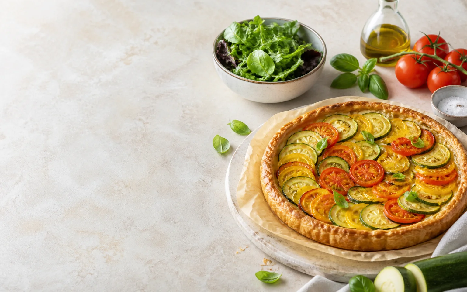 Tarte facile aux tomates et courgettes servie avec une salade verte et quelques ingrédients simples
