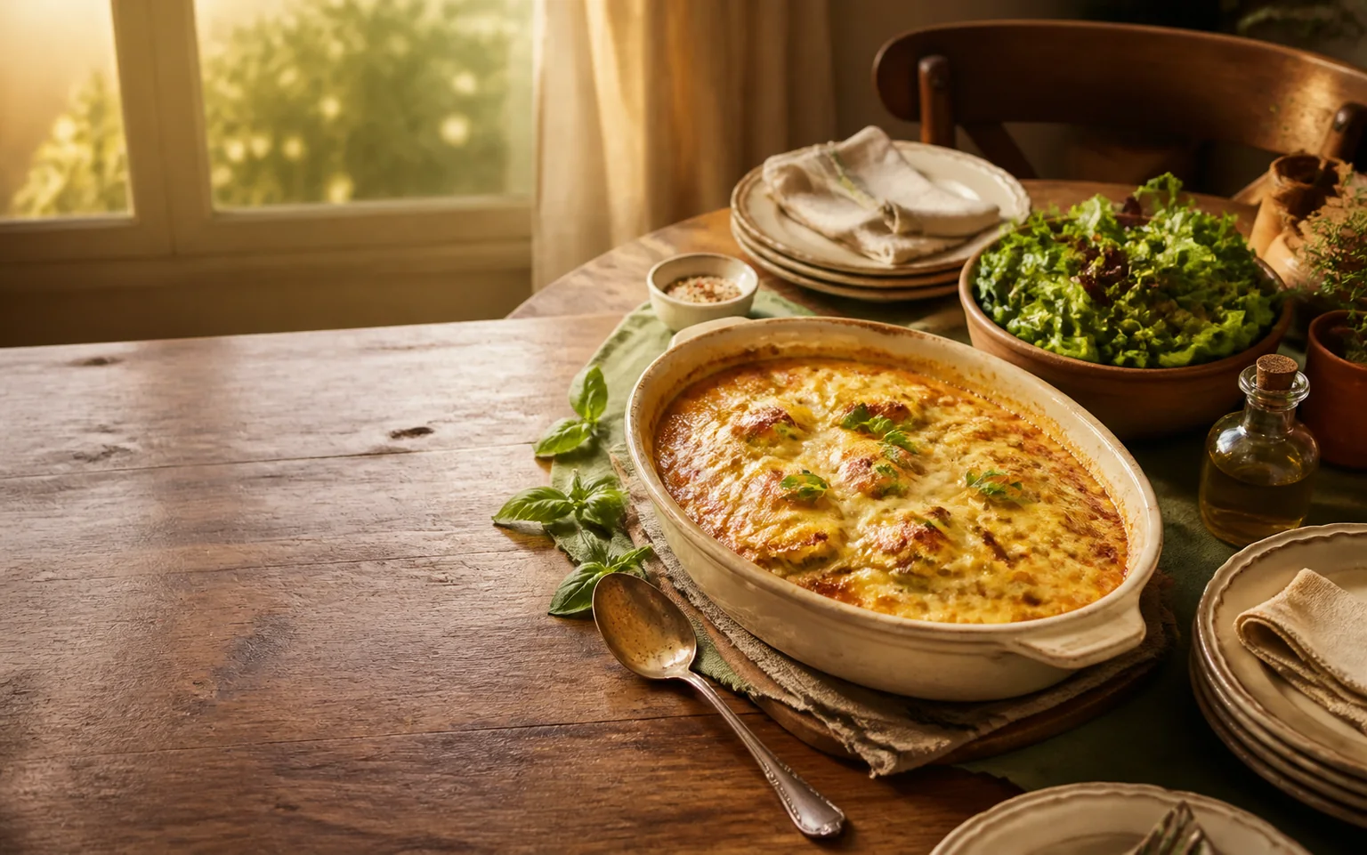 Grand gratin familial doré sur une table dressée avec salade, assiettes et cuillère de service