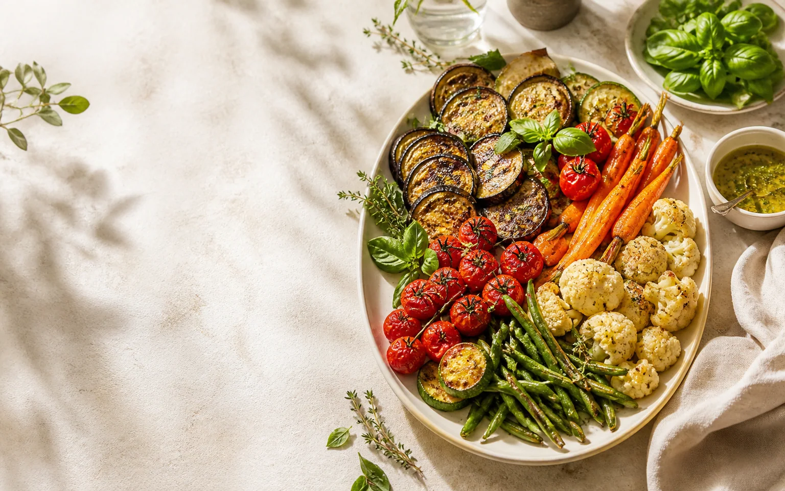 Grand plat de légumes de saison rôtis avec tomates, courgettes, carottes et chou-fleur