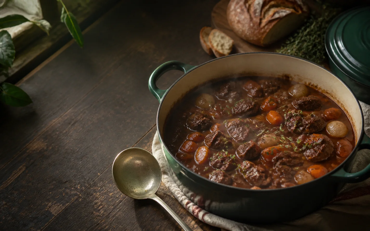 Cocotte de viande longuement mijotée avec carottes, petits oignons, herbes et pain rustique