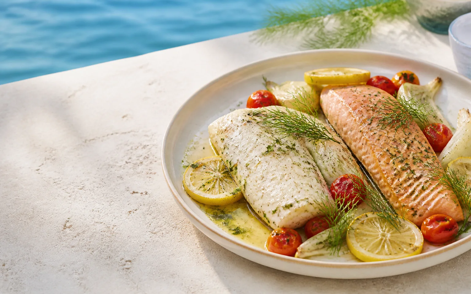 Filets de poisson blanc et de saumon rôtis avec citron, fenouil, tomates et aneth