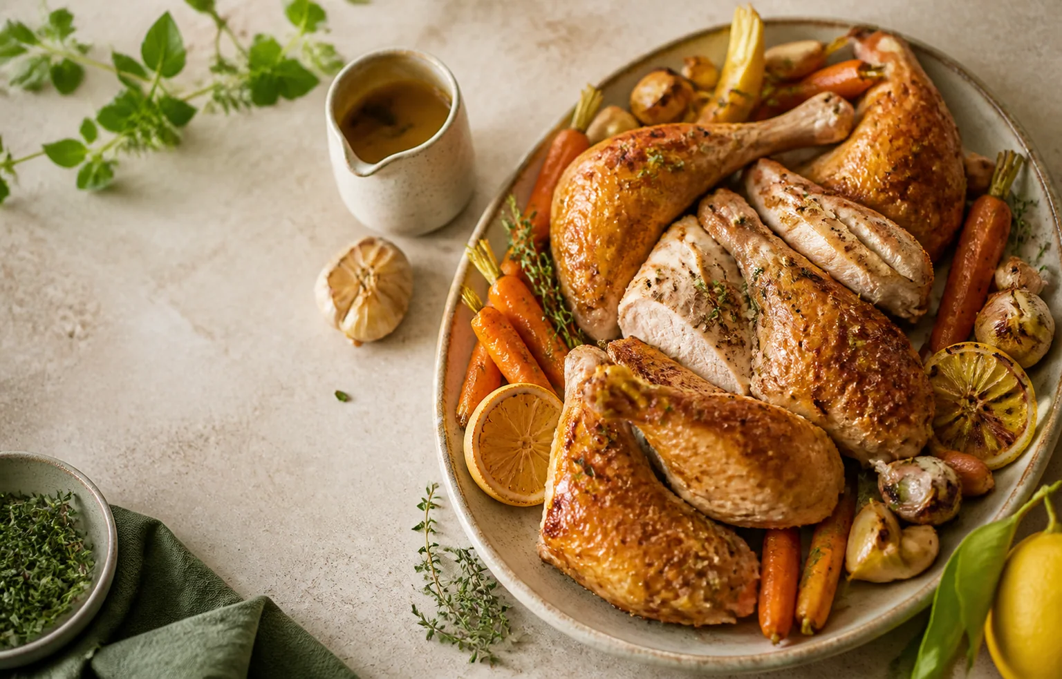 Poulet rôti doré servi avec carottes, citron, ail et jus de cuisson