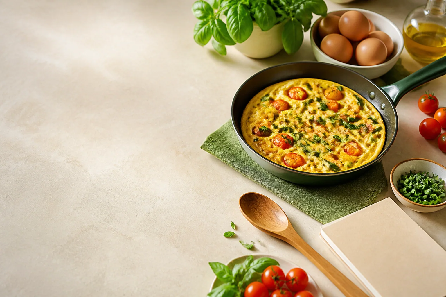 Omelette facile aux tomates dans une poêle avec œufs, herbes et cuillère en bois