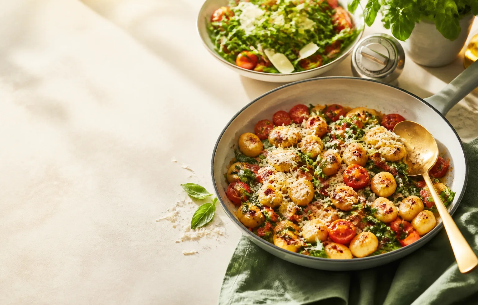 Poêlée rapide de gnocchi aux tomates et épinards avec parmesan, salade et minuteur