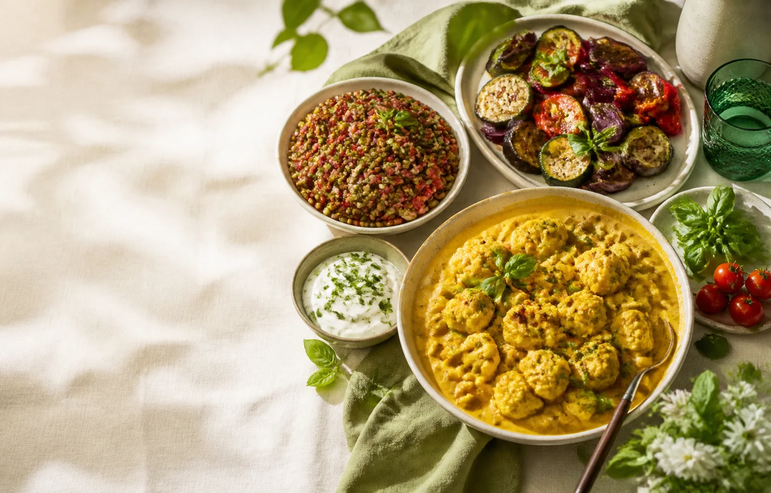 Table végétarienne avec curry de chou-fleur, salade de lentilles, légumes rôtis et sauce aux herbes