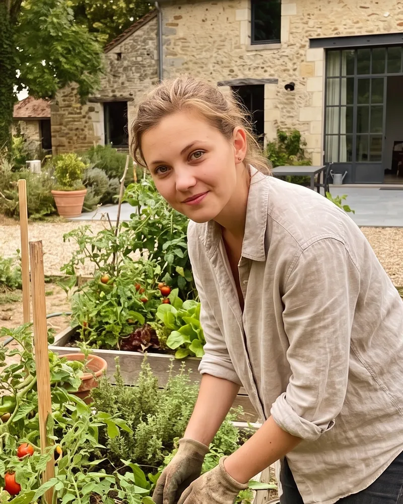 Clémentine Quatrepoints, éditorialiste du journal Savoureux.fr, dans son potager devant une maison en pierre