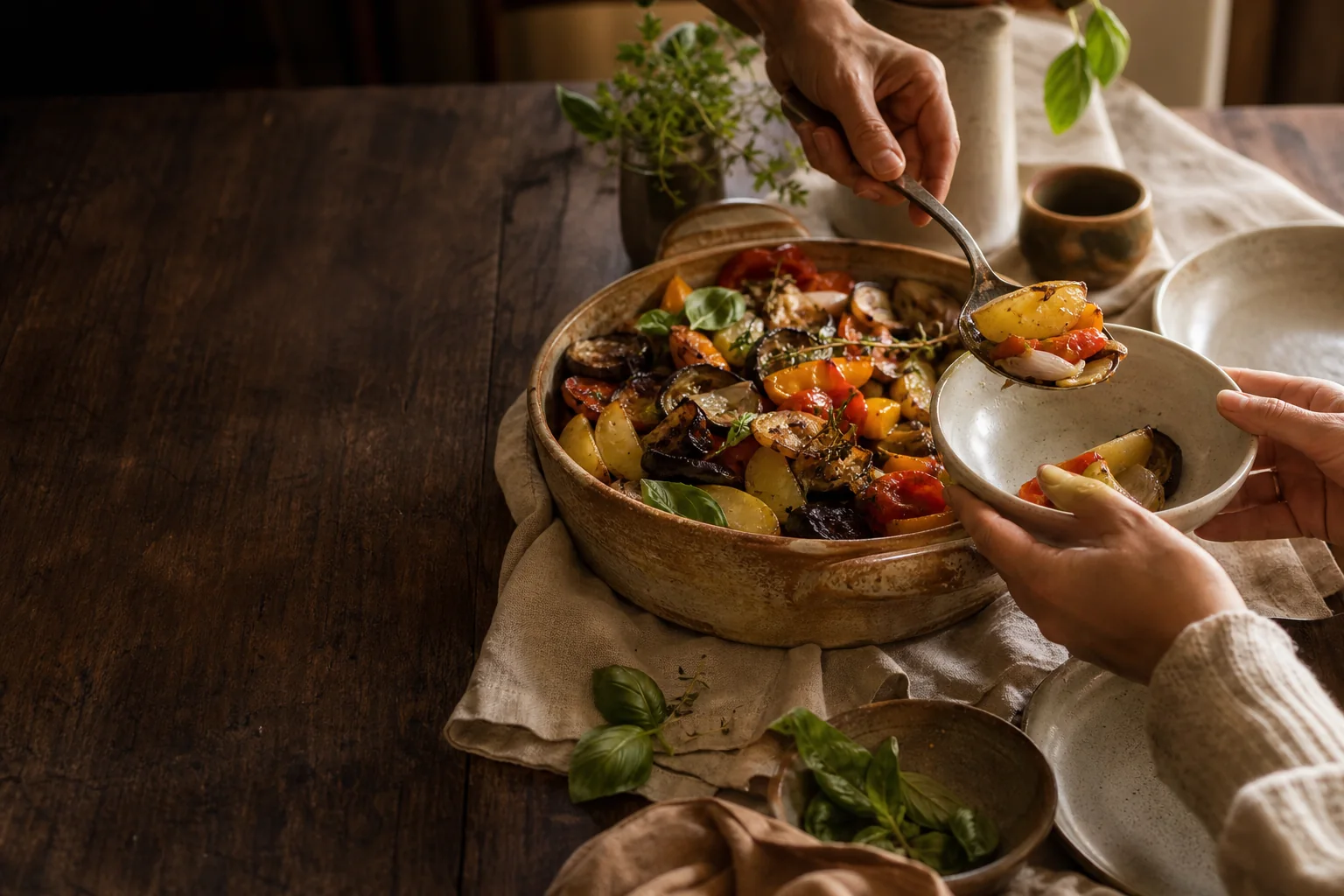 Basil-topped roasted vegetables being served at the table