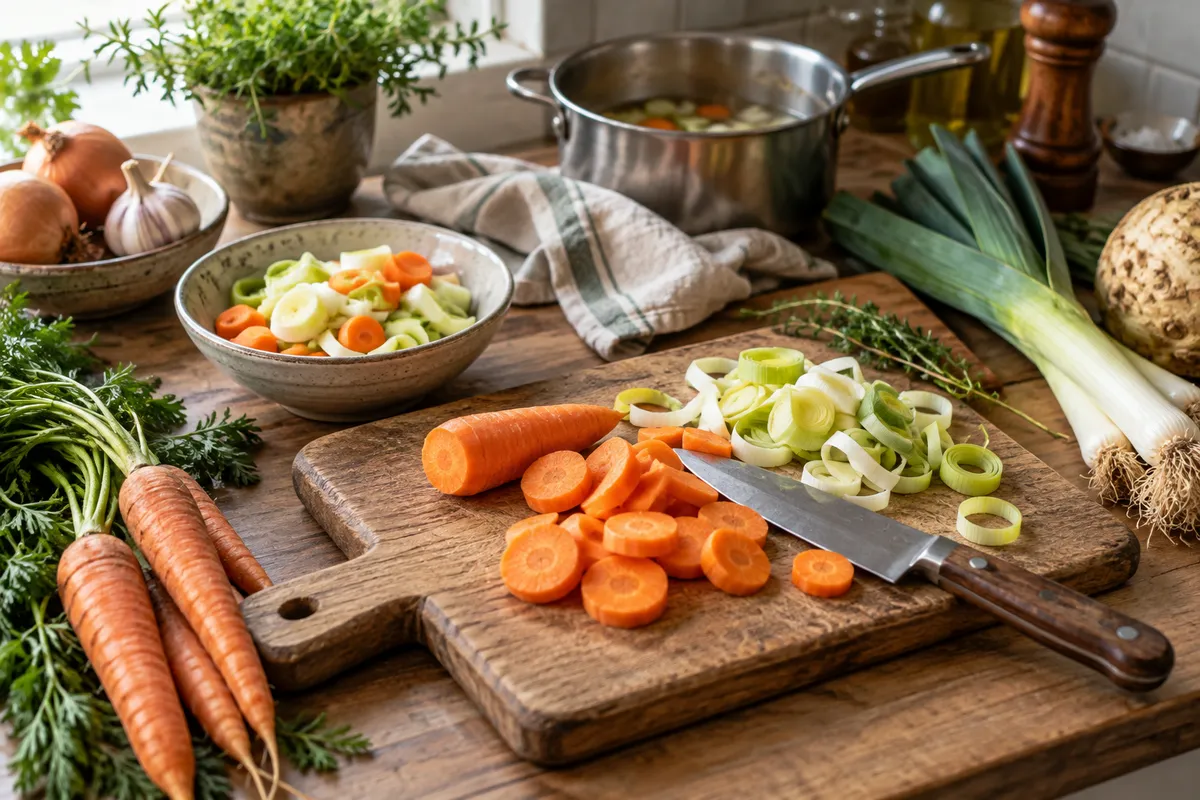 Carottes et poireaux fraîchement coupés sur une planche en bois, légumes de saison et casserole sur le plan de travail