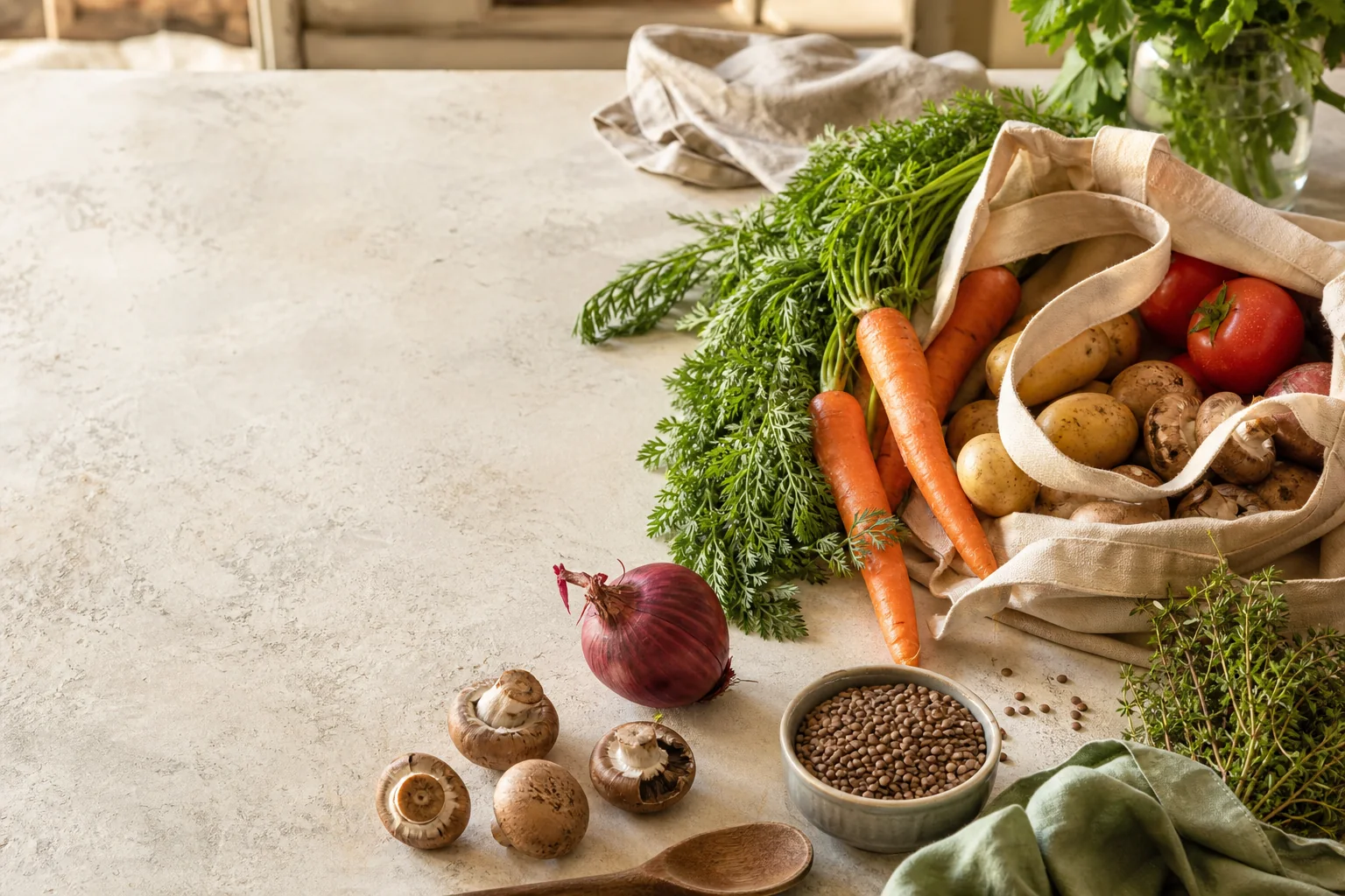 Fresh vegetables, mushrooms and lentils arranged beside a market bag