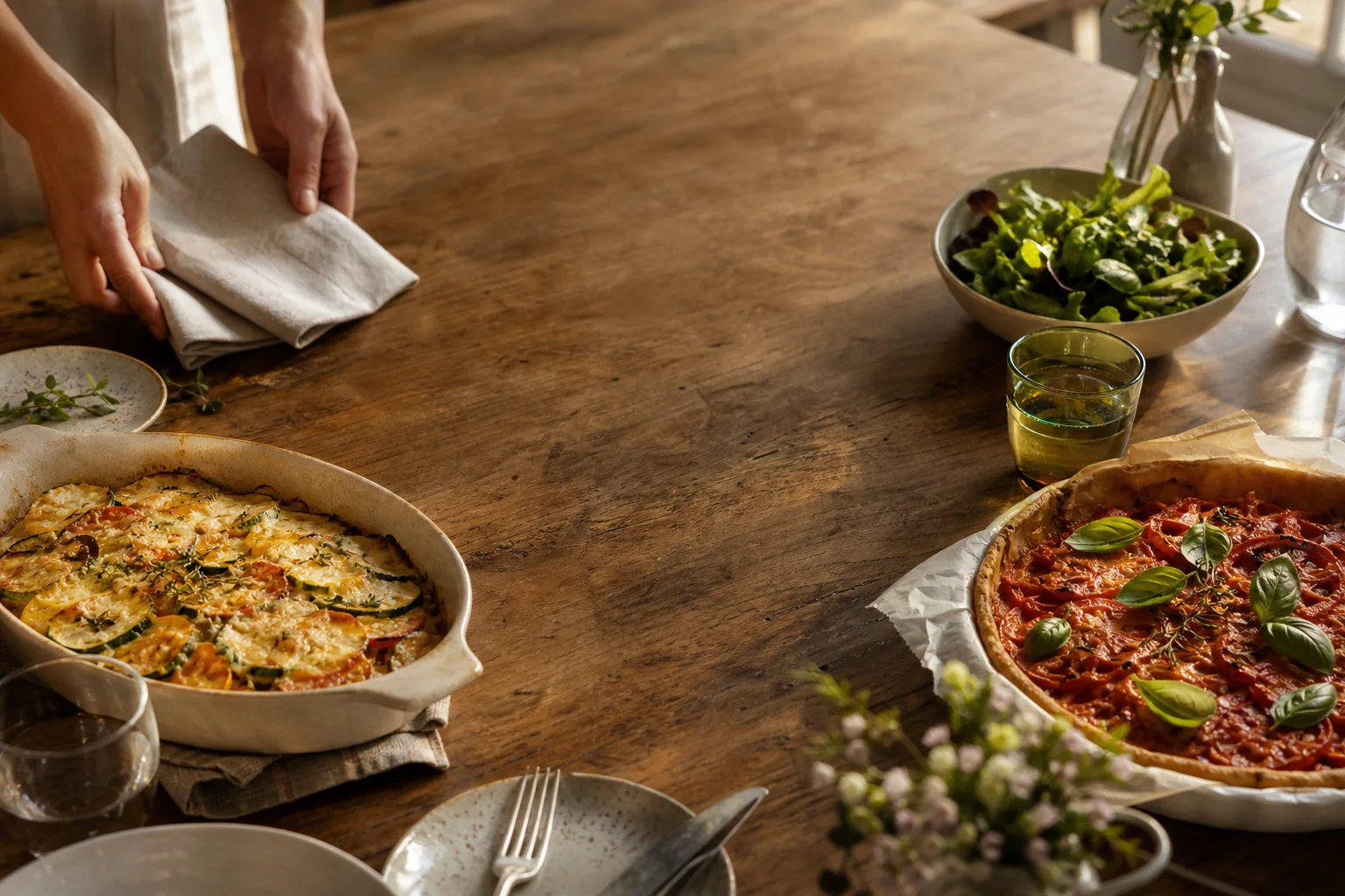 Vegetable gratin and tomato tart arranged on a sunlit table