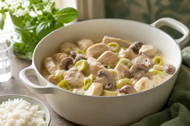 Blanquette de poulet crémeuse avec poireaux et champignons dans une assiette creuse