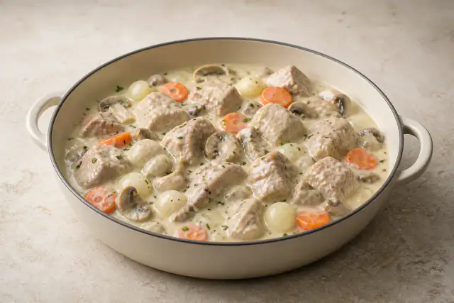 Blanquette de veau traditionnelle avec morceaux de veau, carottes, champignons et sauce blanche