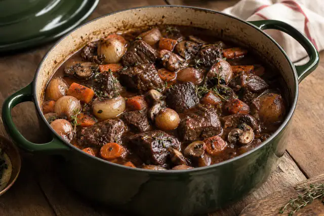 Bœuf bourguignon aux carottes et champignons dans une cocotte verte