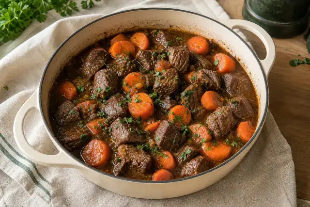 Bœuf aux carottes longuement mijoté servi directement dans une cocotte