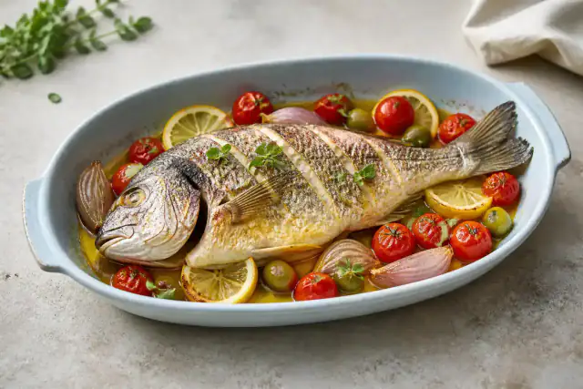 Dorade entière rôtie entourée de tomates cerises, olives vertes, échalotes et citron