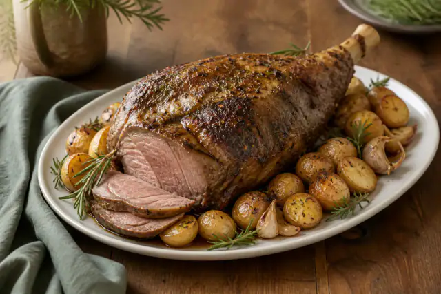 Gigot d’agneau rôti à l’ail et au romarin entouré de pommes de terre dorées