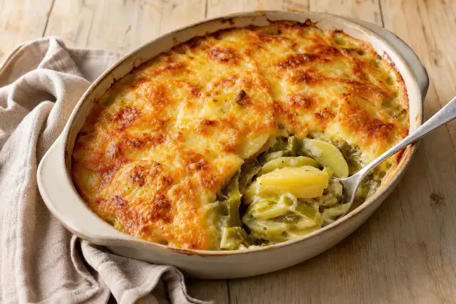 Gratin doré de pommes de terre, poireaux et Comté dans un plat en céramique