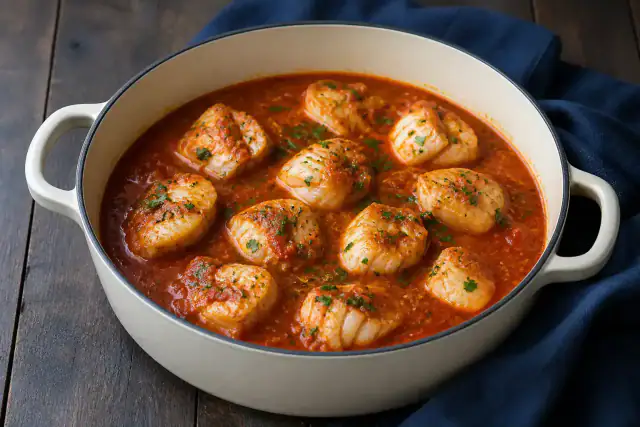 Médaillons de lotte à l’armoricaine dans une sauce tomate brillante avec persil