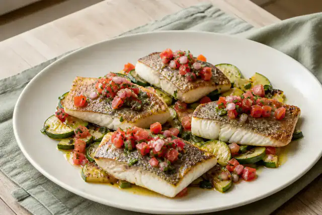 Filet de merlu poêlé sur courgettes dorées avec sauce vierge aux tomates et basilic
