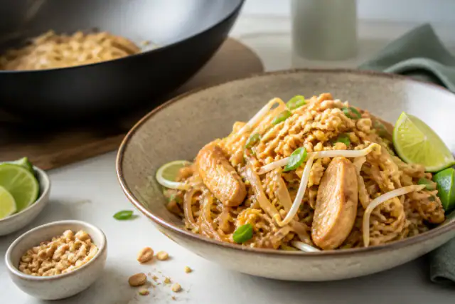 Pad thaï au poulet avec nouilles de riz, pousses de soja, cacahuètes et quartiers de citron vert