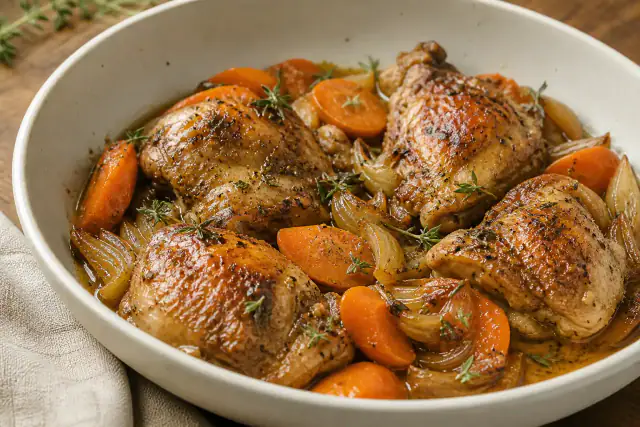 Poulet doré aux carottes et oignons dans un plat en céramique