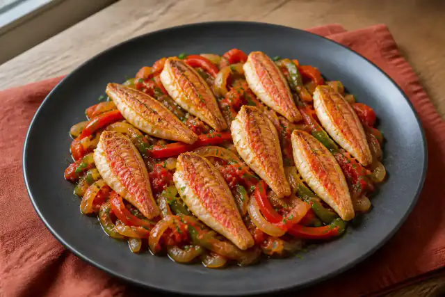 Filets de rouget poêlés côté peau sur une piperade rouge et verte au piment d’Espelette