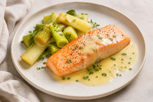 Saumon rôti avec poireaux et beurre blanc citronné