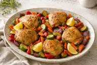 Lemon roast chicken with zucchini, carrots, peppers and red onions