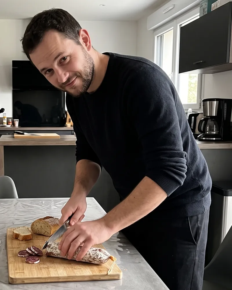 Thomas Tribochet, rédacteur de Savoureux.fr, tranche du pain et du saucisson dans sa cuisine familiale
